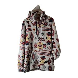Brooklyn Cloth Hoodie Mens LARGE Aztec Tribal Pullover Fleece Light Gray Y2K